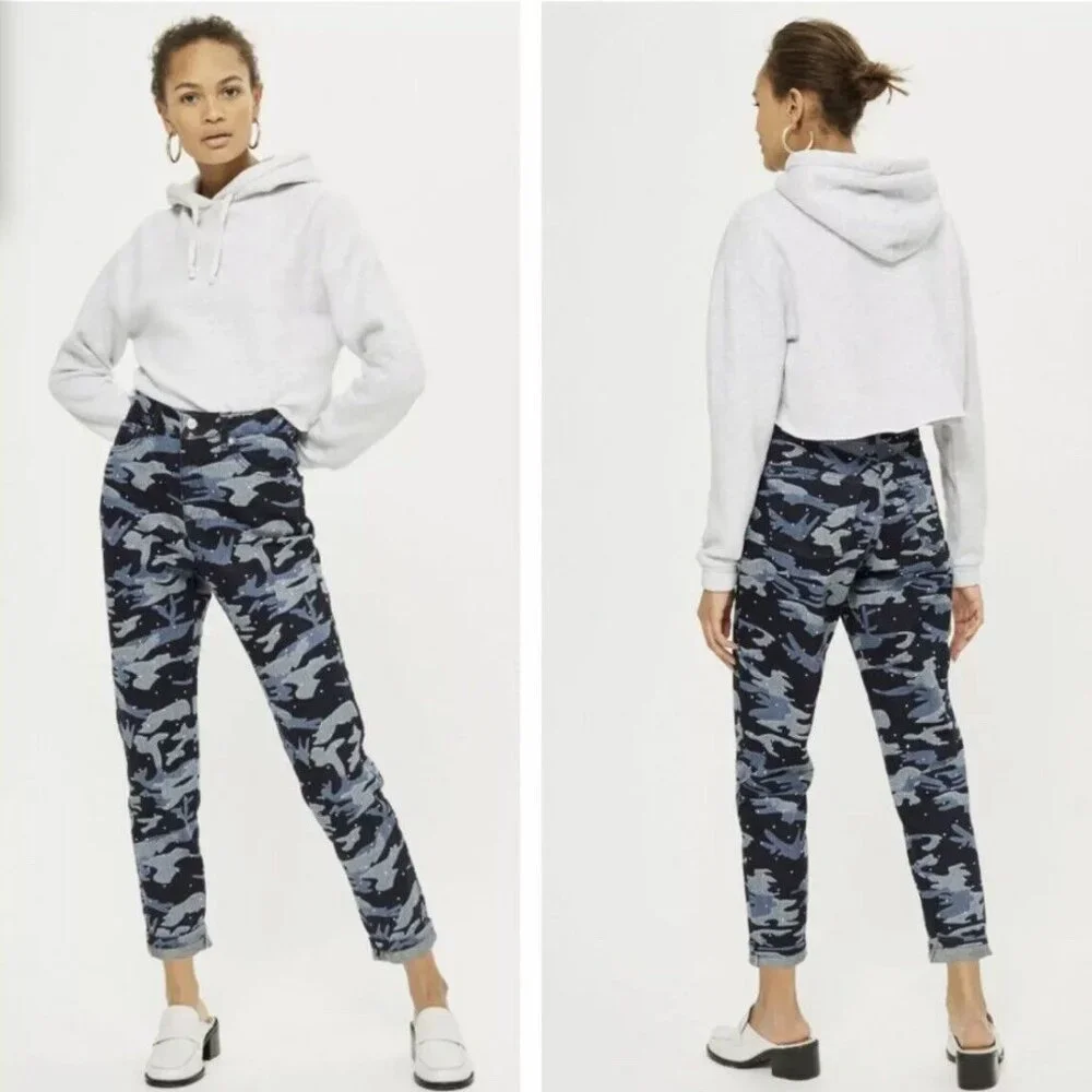Topshop NEW Moto Mom Jeans High Waisted Jewel Studs Camo Diamante Denim Women's - Picture 5 of 17